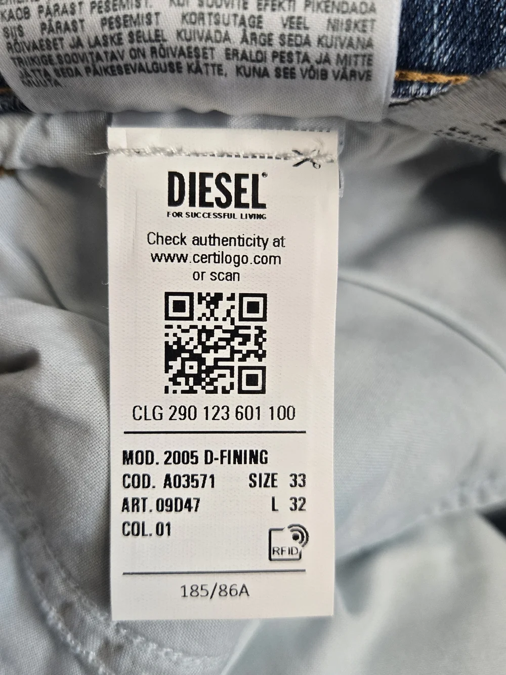 NWT Diesel 2005 D-Fining Jeans Men W33 L32 Regular Fit Tapered Blue Denim Stretc